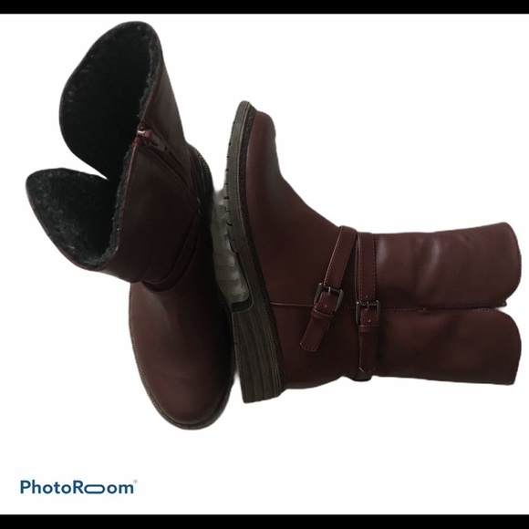 Steve Madden Maximus Burgundy Double Buckle Leather Boot Charcoal Sherpa Lined - Picture 2 of 8